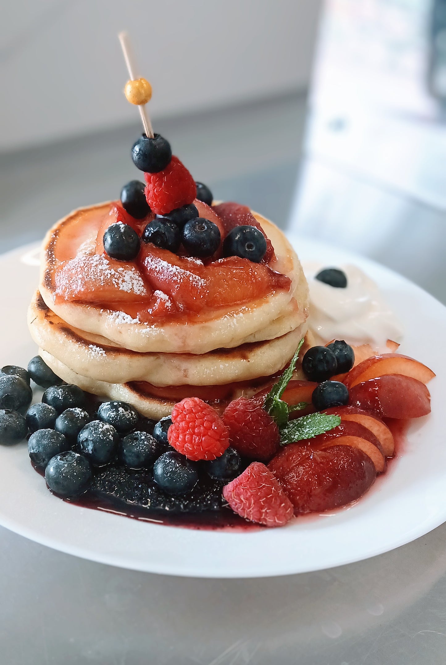Peach and blueberry pancakes